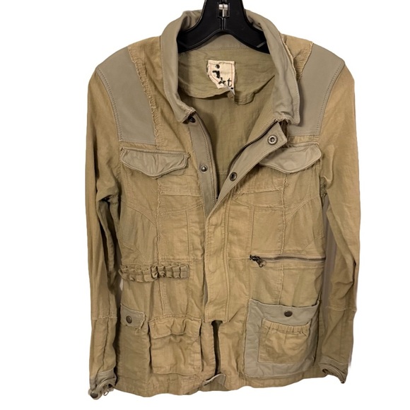 JKT NYC Jakett Khaki/ Green Utility Military Jacket Cotton/leather Trim S - Picture 1 of 13